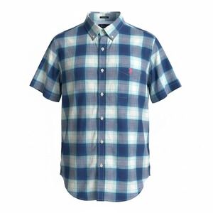 US Polo Assn Mens XL Blue Plaid Stretch Short Sleeve Button Down Shirt Red Pony